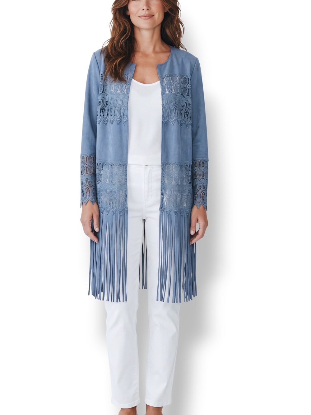 4/$20 Chico’s Blue Faux Suede Lace Fringe Longline Jacket Size Small